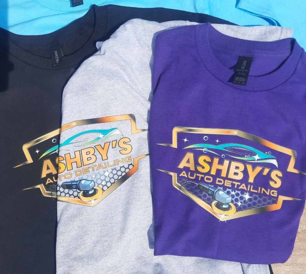 Ashby's Auto Detailing shirts in black, gray and purple