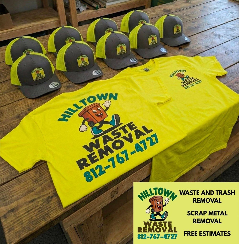 Hilltown Waste Removal branded shirts and trucker hats